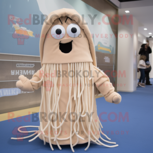 Beige Spaghetti mascot costume character dressed with a Coat and Anklets