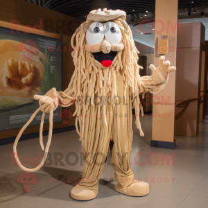 Beige Spaghetti mascot costume character dressed with a Coat and Anklets