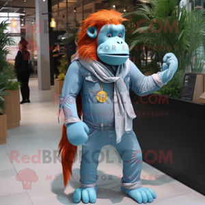 Cyan Orangutan mascot costume character dressed with a Denim Shirt and Scarves