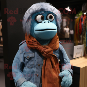 Cyan Orangutan mascot costume character dressed with a Denim Shirt and Scarves