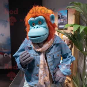 Cyan Orangutan mascot costume character dressed with a Denim Shirt and Scarves