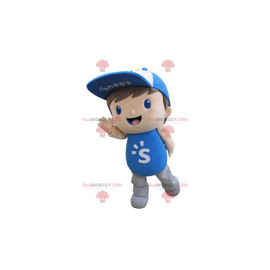 Kindermaskottchen gekleidet in Blau mit einer Kappe -