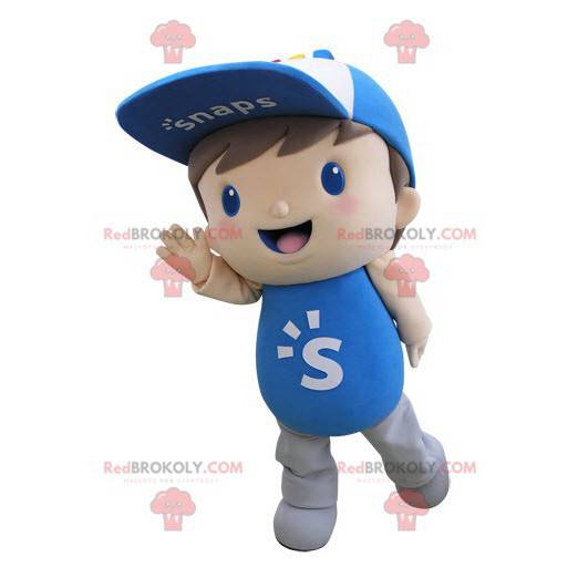 Mascotte bambino vestito di blu con un berretto - Redbrokoly.com