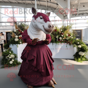 Maroon Rhinoceros mascot costume character dressed with a Wedding Dress and Earrings