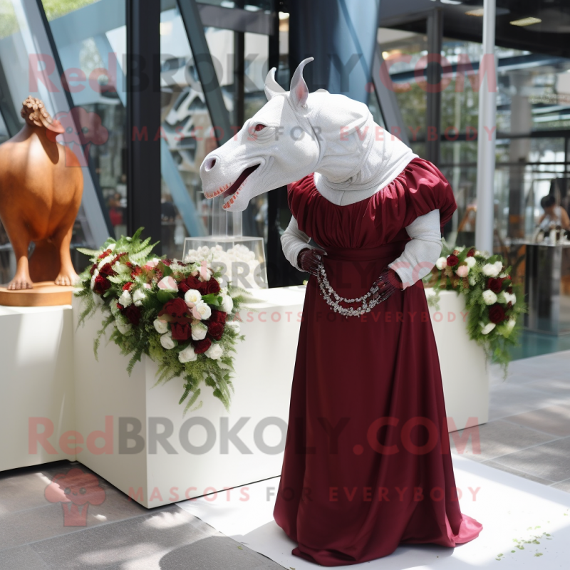 Maroon Rhinoceros mascot costume character dressed with a Wedding Dress and Earrings Maroon Rhinoceros mascot costume character dressed with a Wedding Dress and Earrings