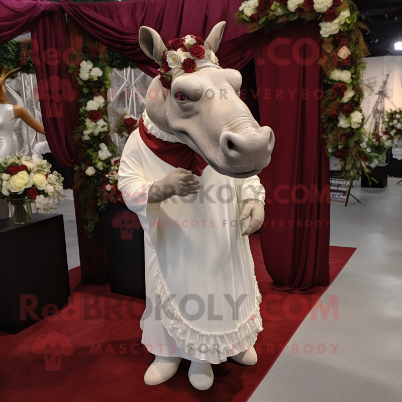 Maroon Rhinoceros mascot costume character dressed with a Wedding Dress and Earrings