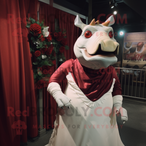 Maroon Rhinoceros mascot costume character dressed with a Wedding Dress and Earrings