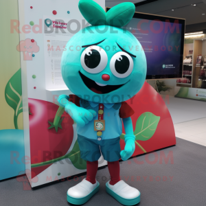 Turquoise Cherry mascot costume character dressed with a Button-Up Shirt and Anklets