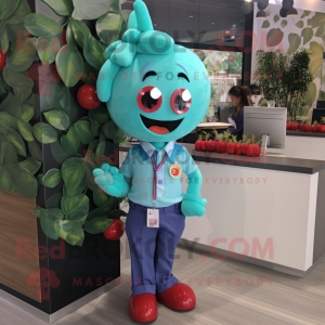 Turquoise Cherry mascot costume character dressed with a Button-Up Shirt and Anklets