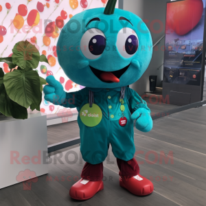 Turquoise Cherry mascot costume character dressed with a Button-Up Shirt and Anklets