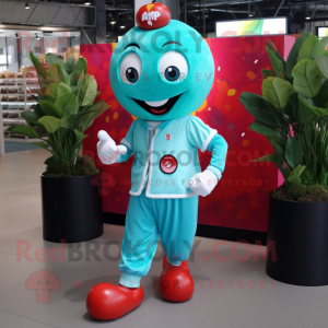 Turquoise Cherry mascot costume character dressed with a Button-Up Shirt and Anklets