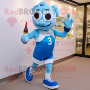 Sky Blue Champagne mascot costume character dressed with a Running Shorts and Gloves