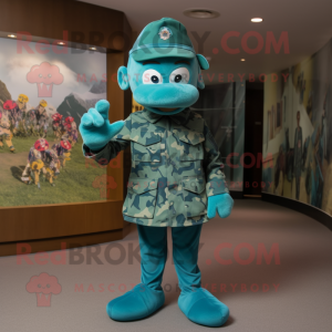 Turquoise Green Beret mascot costume character dressed with a Playsuit and Bow ties