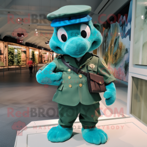 Turquoise Green Beret mascot costume character dressed with a Playsuit and Bow ties