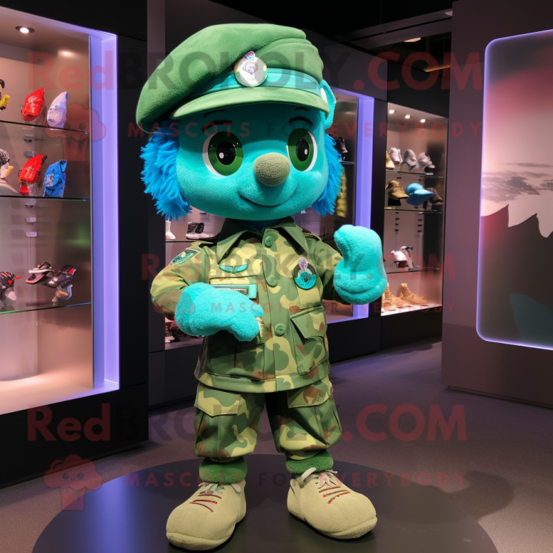 Turquoise Green Beret mascot costume character dressed with a Playsuit and Bow ties