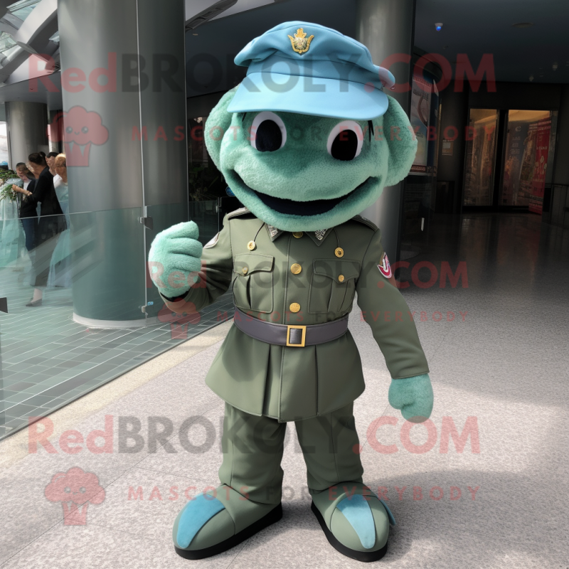 Turquoise Green Beret mascot costume character dressed with a Playsuit and Bow ties