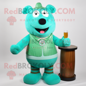 Turquoise Green Beer mascot costume character dressed with a Cardigan and Ties