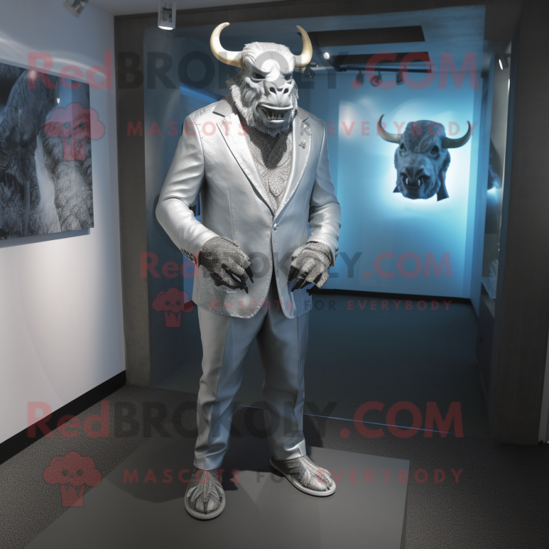 Silver Minotaur mascot costume character dressed with a Suit Jacket and Lapel pins