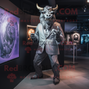 Silver Minotaur mascot costume character dressed with a Suit Jacket and Lapel pins