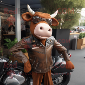 Brown Jersey Cow mascot costume character dressed with a Biker Jacket and Handbags