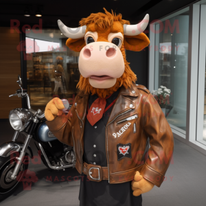 Brown Jersey Cow mascot costume character dressed with a Biker Jacket and Handbags