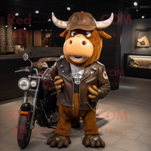 Brown Jersey Cow mascot costume character dressed with a Biker Jacket and Handbags