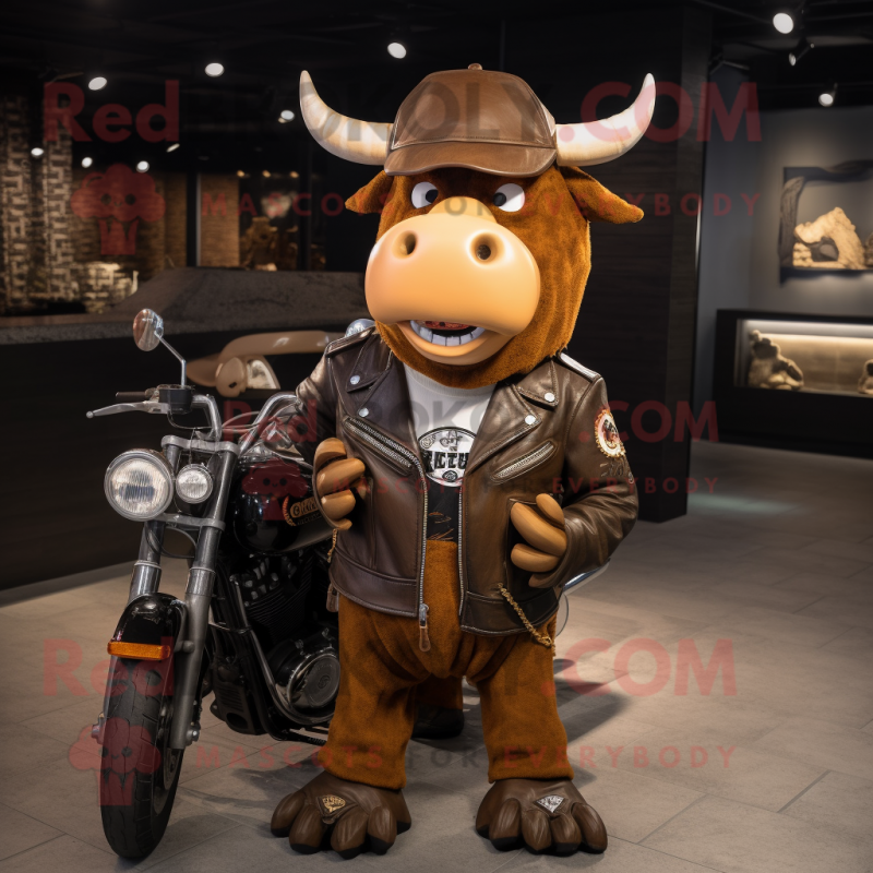 Brown Jersey Cow mascot costume character dressed with a Biker Jacket and Handbags Brown Jersey Cow mascot costume character dressed with a Biker Jacket and Handbags