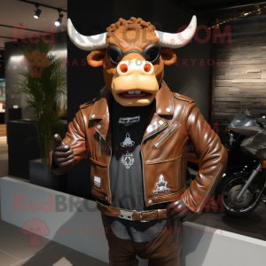 Brown Jersey Cow mascot costume character dressed with a Biker Jacket and Handbags