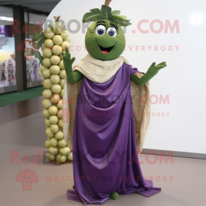 Olive Grape mascot costume character dressed with a Maxi Dress and Shawl pins