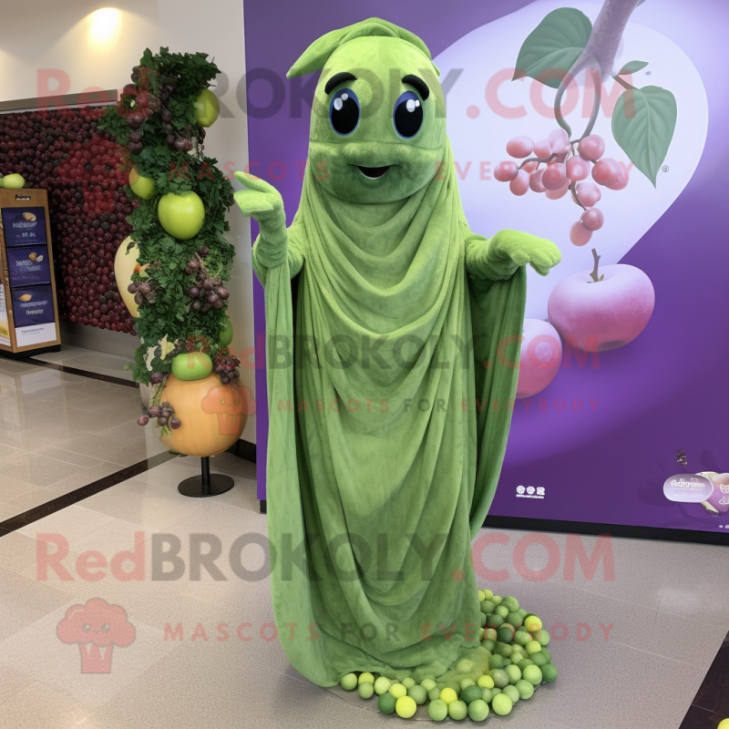 Olive Grape mascot costume character dressed with a Maxi Dress and Shawl pins