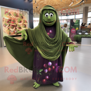 Olive Grape mascot costume character dressed with a Maxi Dress and Shawl pins