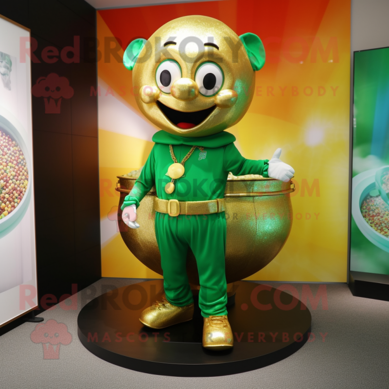 Gold Pot Of Gold mascot costume character dressed with a Joggers and Belts Gold Pot Of Gold mascot costume character dressed with a Joggers and Belts