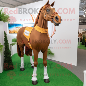 Brown Horse mascot costume character dressed with a Culottes and Brooches