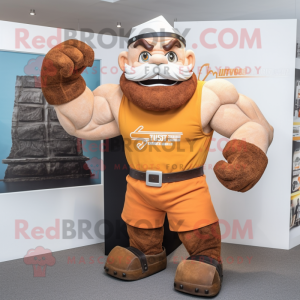 Rust Strongman mascot costume character dressed with a Pencil Skirt and Headbands