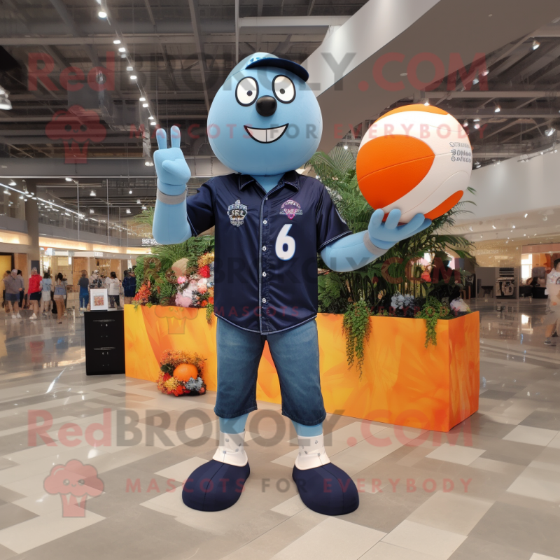 Navy Volleyball Ball mascot costume character dressed with a Denim Shirt and Foot pads