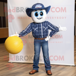 Navy Volleyball Ball mascot costume character dressed with a Denim Shirt and Foot pads
