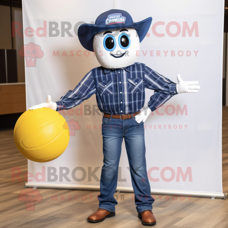 Navy Volleyball Ball mascot costume character dressed with a Denim Shirt and Foot pads