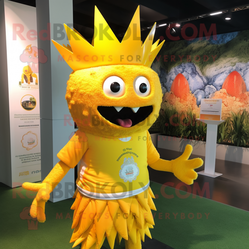 Yellow King mascot costume character dressed with a Rash Guard and Keychains