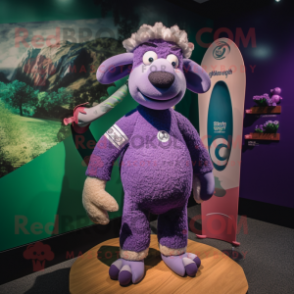 Purple Merino Sheep mascot costume character dressed with a Rash Guard and Brooches