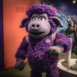 Purple Merino Sheep mascot costume character dressed with a Rash Guard and Brooches