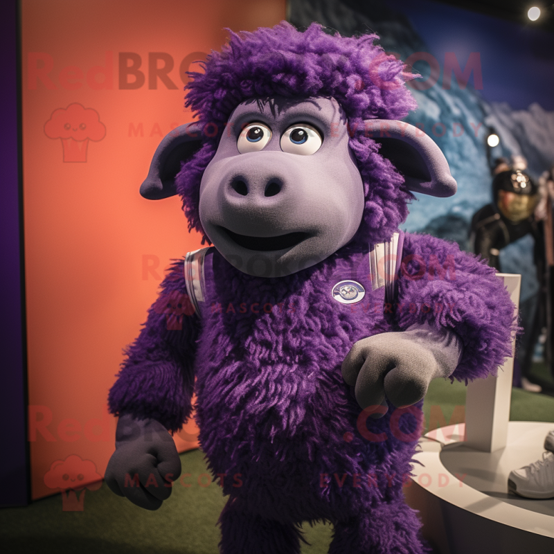 Purple Merino Sheep mascot costume character dressed with a Rash Guard and Brooches