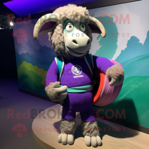 Purple Merino Sheep mascot costume character dressed with a Rash Guard and Brooches