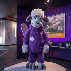 Purple Merino Sheep mascot costume character dressed with a Rash Guard and Brooches