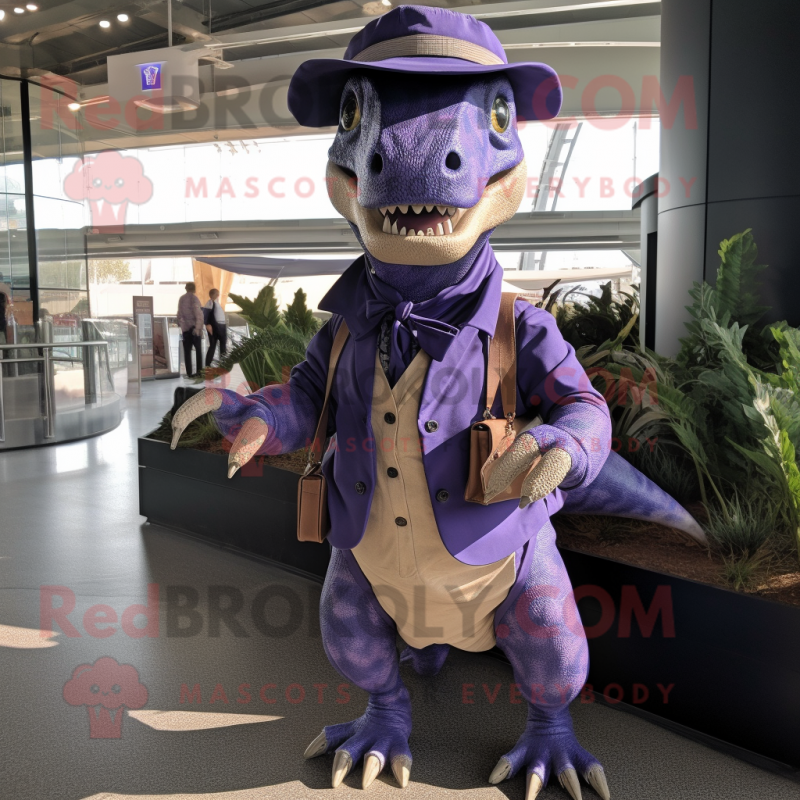 Lavender Allosaurus mascot costume character dressed with a Coat and Belts