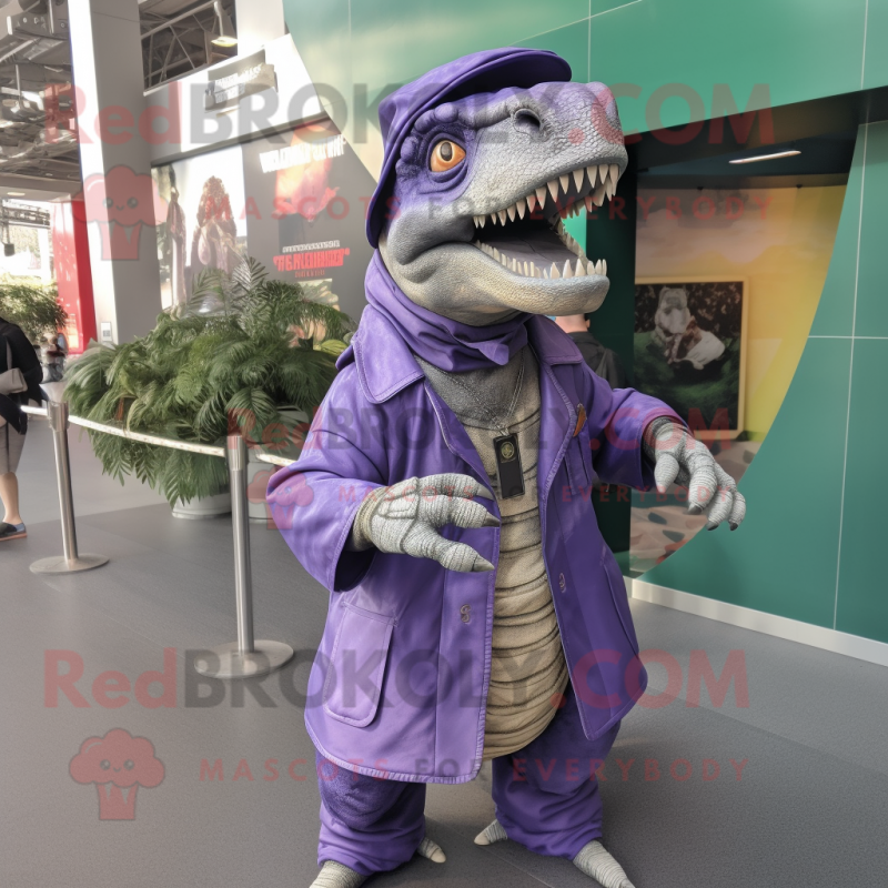 Lavender Allosaurus mascot costume character dressed with a Coat and Belts