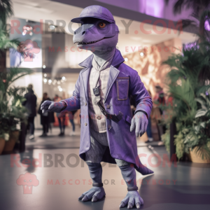 Lavender Allosaurus mascot costume character dressed with a Coat and Belts