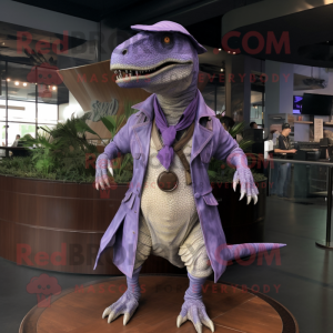 Lavender Allosaurus mascot costume character dressed with a Coat and Belts