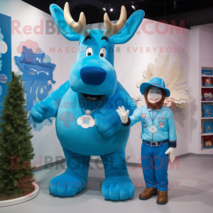 Sky Blue Moose mascot costume character dressed with a Playsuit and Watches