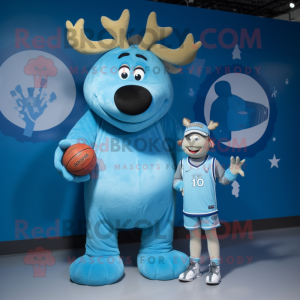 Sky Blue Moose mascot costume character dressed with a Playsuit and Watches