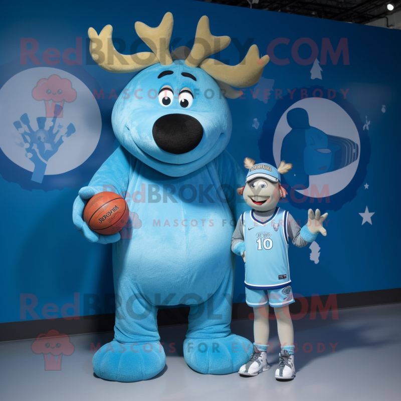Sky Blue Moose mascot costume character dressed with a Playsuit and Watches